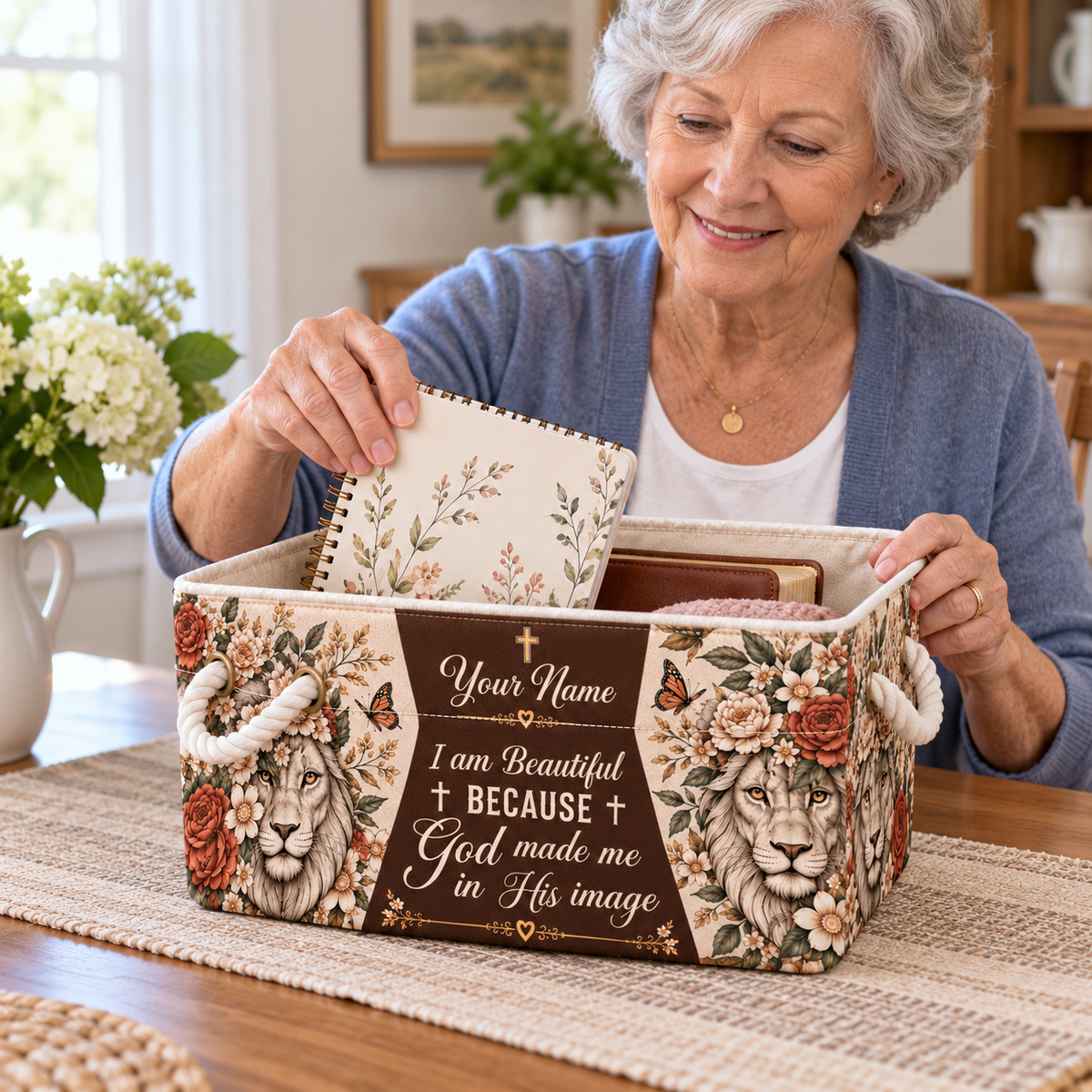 Personalized Floral Lion Storage Basket