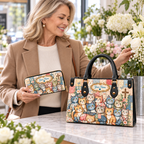 Personalized Patchwork Cats PU Leather Handbag & Leather Long Wallet