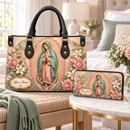 Personalized Pastel Woman and Flowers PU Leather Handbag & Leather Long Wallet