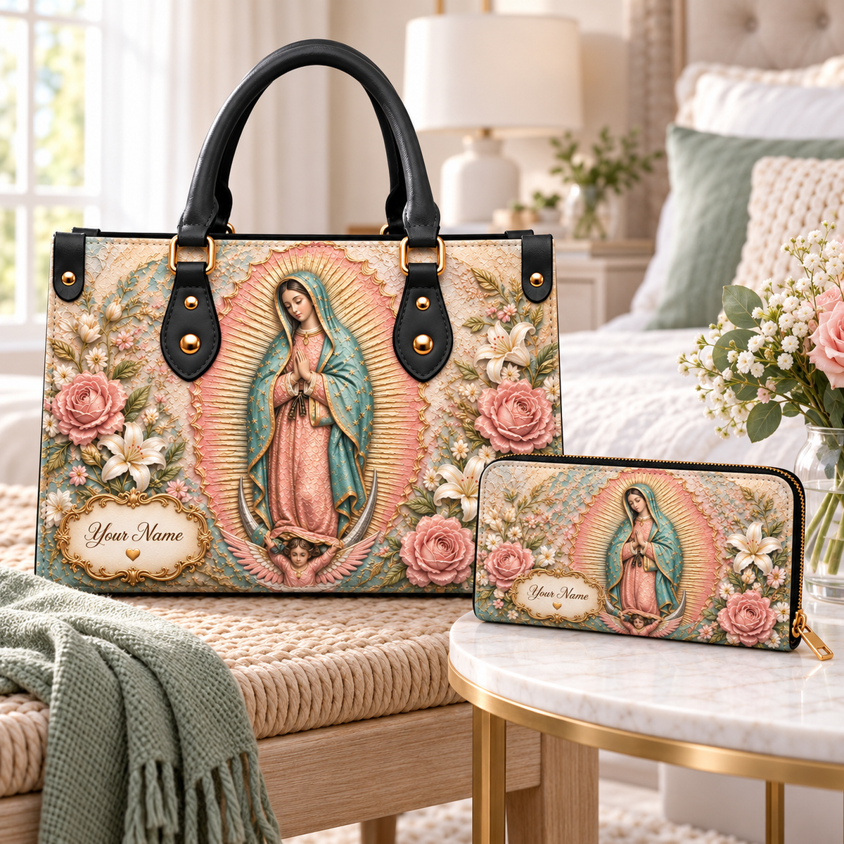 Personalized Pastel Woman and Flowers PU Leather Handbag & Leather Long Wallet