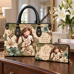Personalized Sage Floral Shepherd and Lamb PU Leather Handbag & Leather Long Wallet