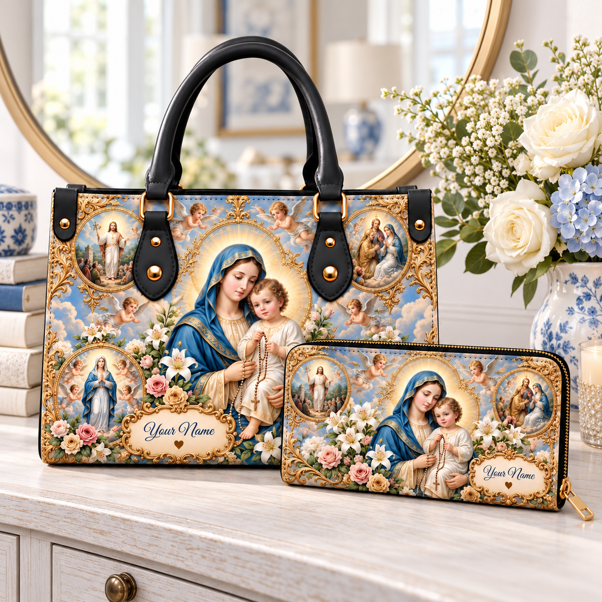 Personalized Mother and Child Floral PU Leather Handbag & Leather Long Wallet