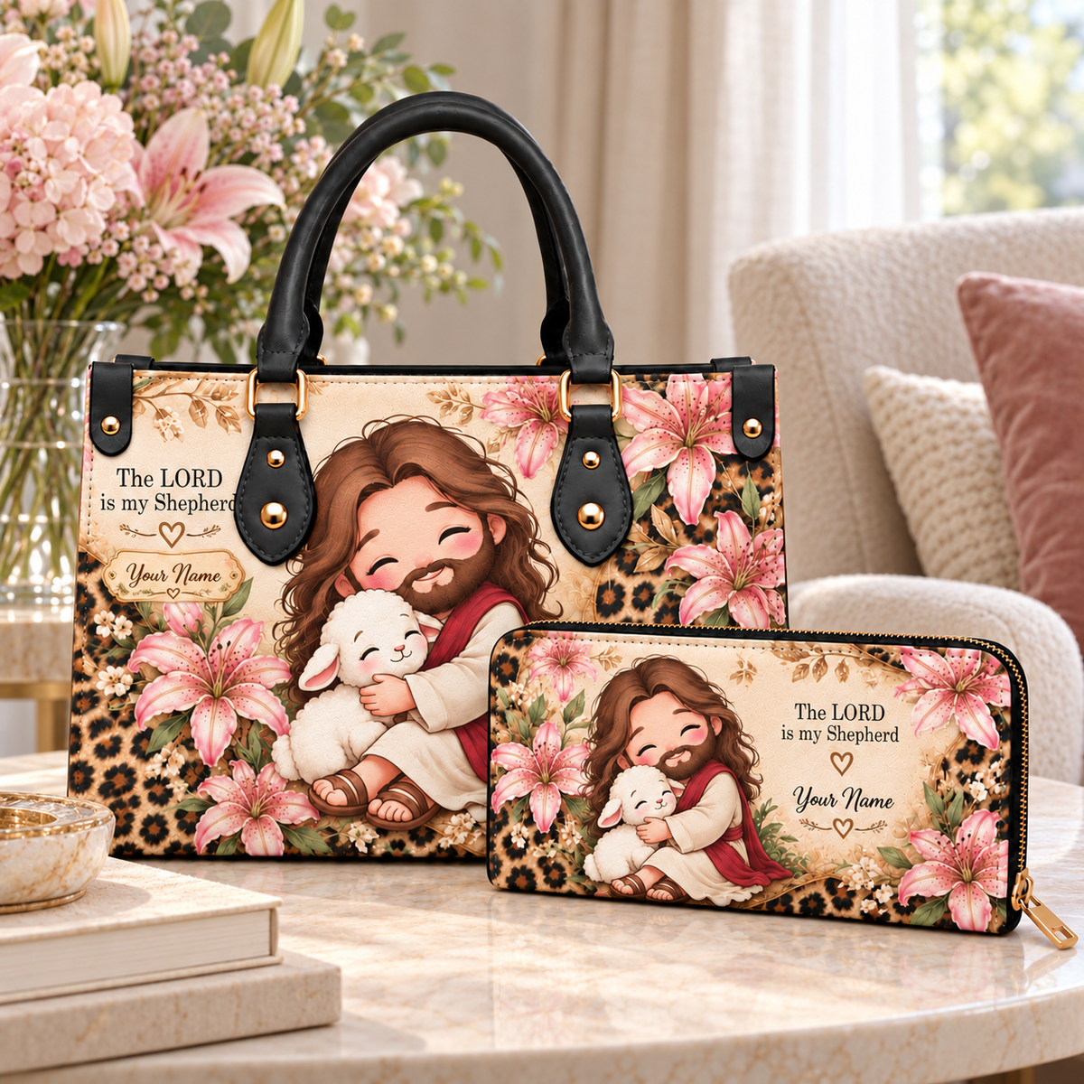 Personalized Pink Lily Shepherd and Lamb PU Leather Handbag & Leather Long Wallet