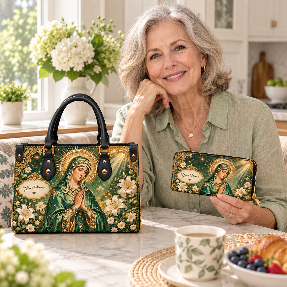 Personalized Emerald Woman and Lilies PU Leather Handbag & Leather Long Wallet