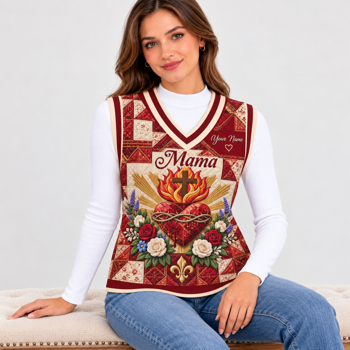 Personalized Mama Floral Patchwork Knitted V-Neck Vest