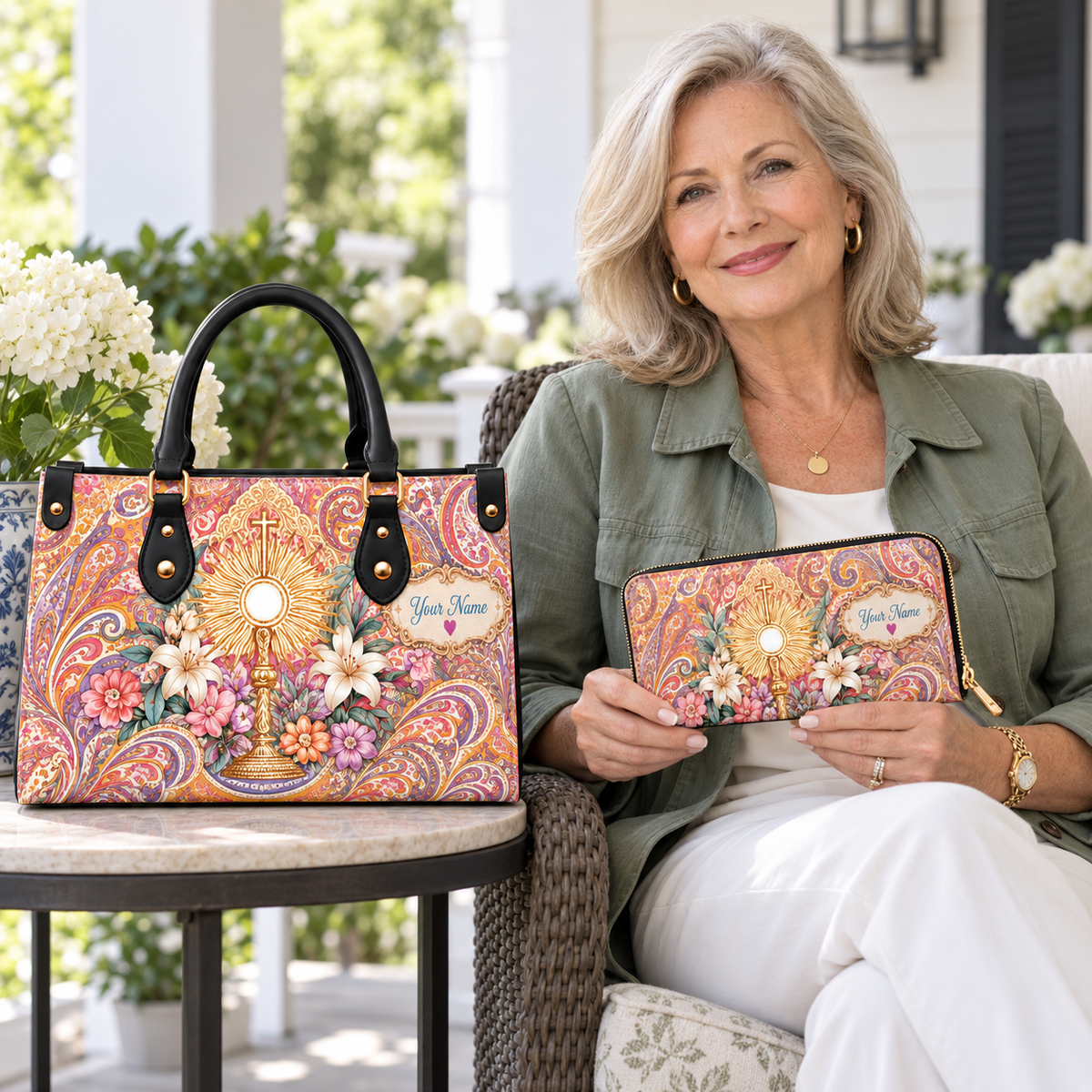 Personalized Floral Paisley PU Leather Handbag & Leather Long Wallet