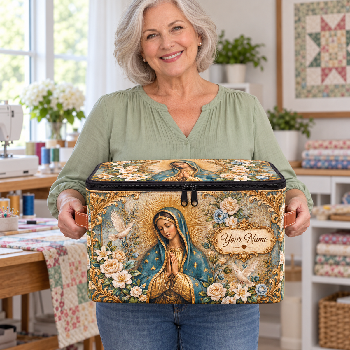 Personalized Blue Gold Floral Square Storage Basket With Lid