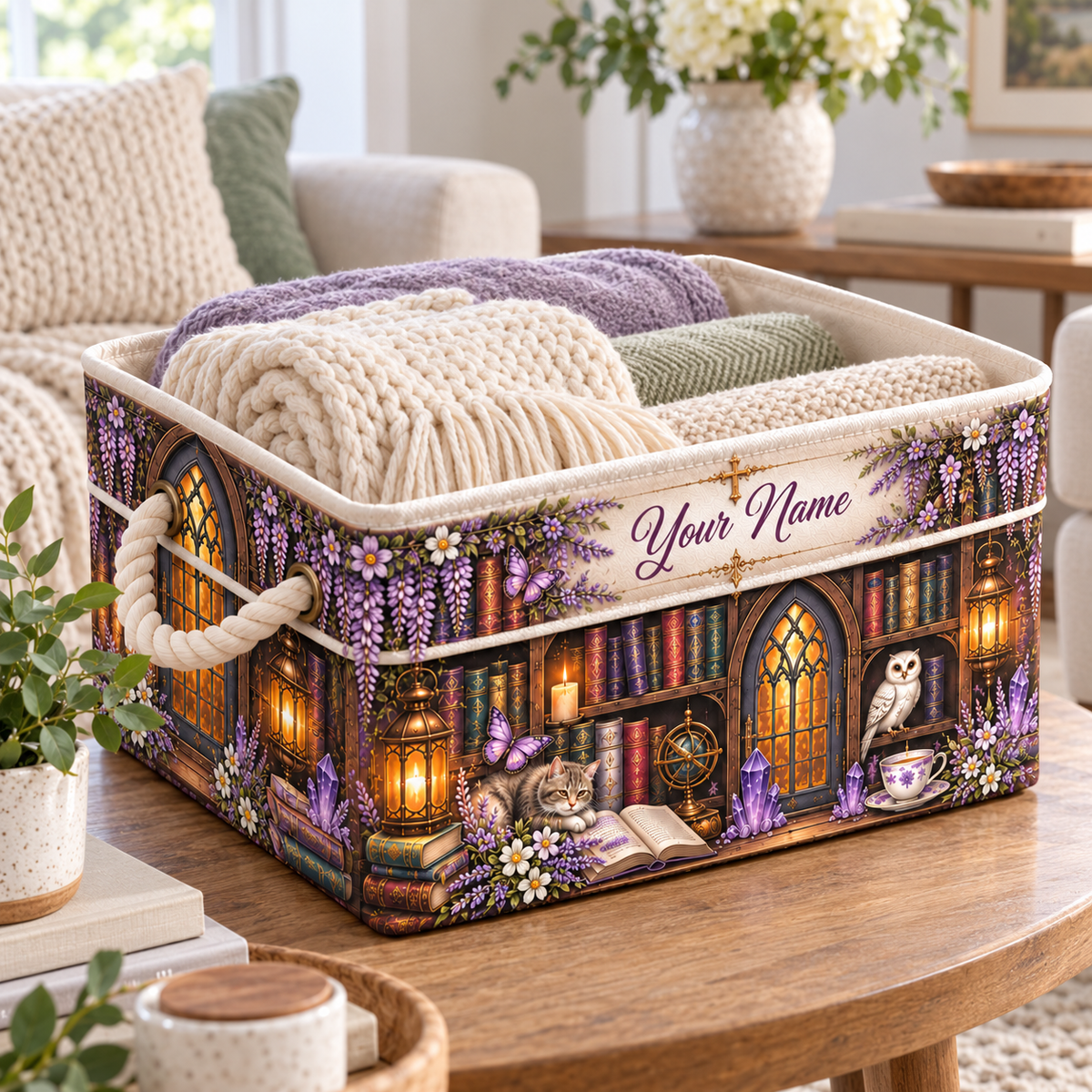 Personalized Cat and Owl Library Storage Basket