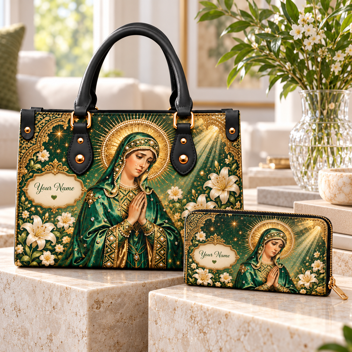 Personalized Emerald Woman and Lilies PU Leather Handbag & Leather Long Wallet