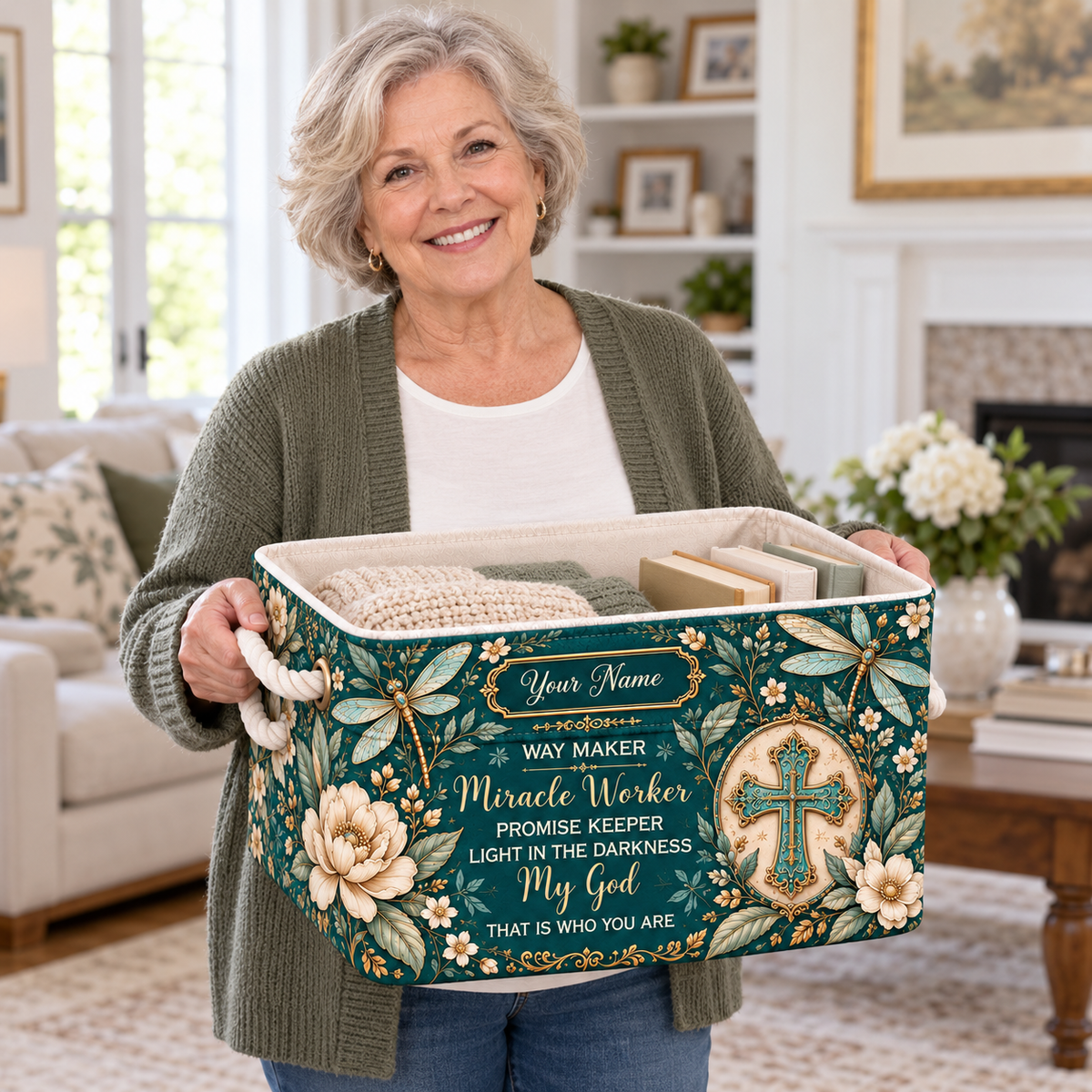 Personalized Teal Dragonfly Floral Storage Basket