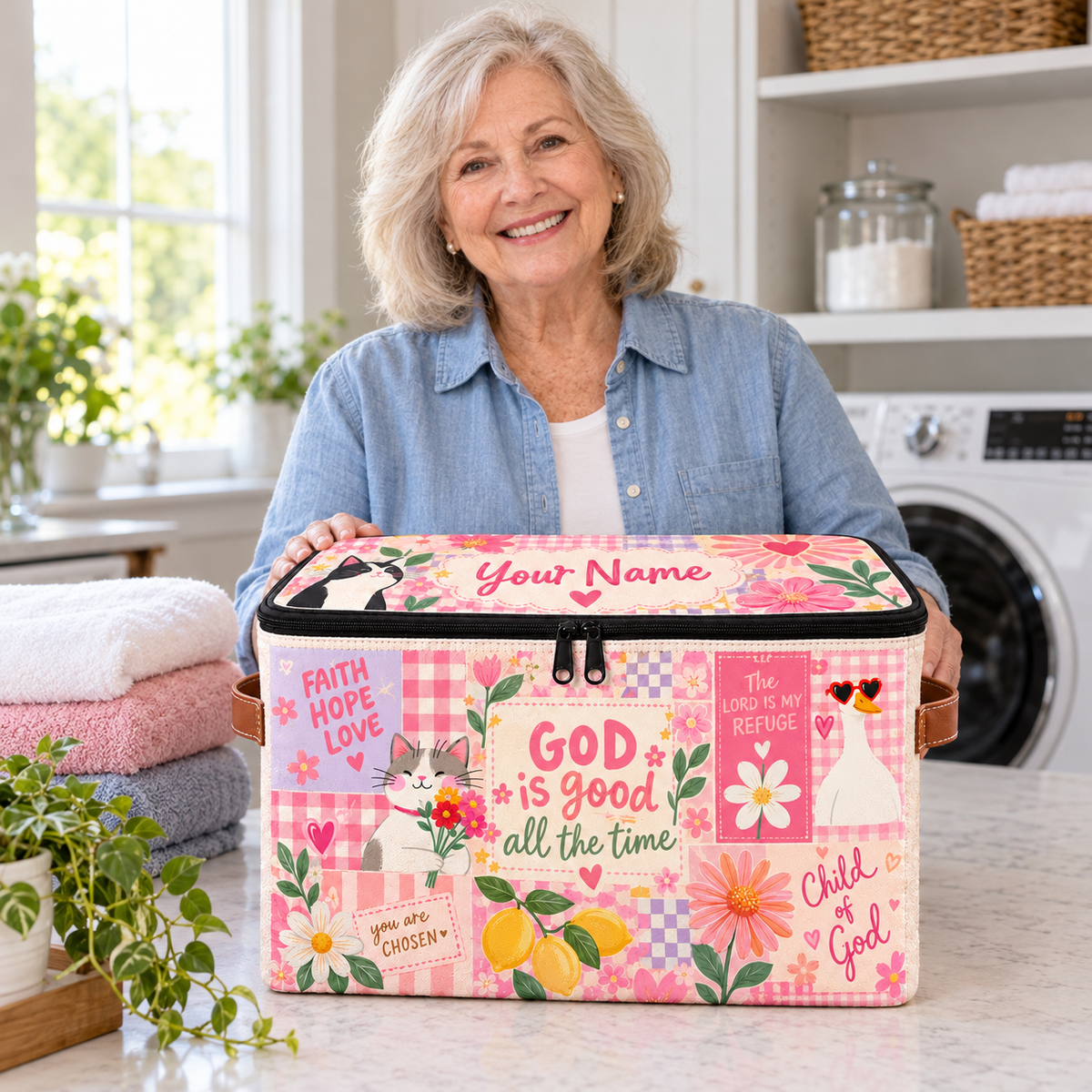 Personalized Pink Gingham Square Storage Basket With Lid