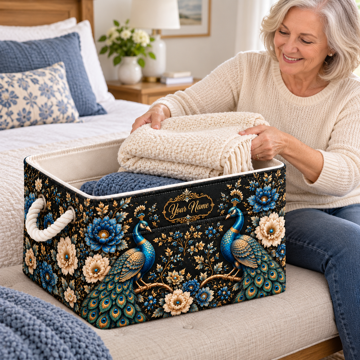Personalized Blue Peacock Floral Storage Basket