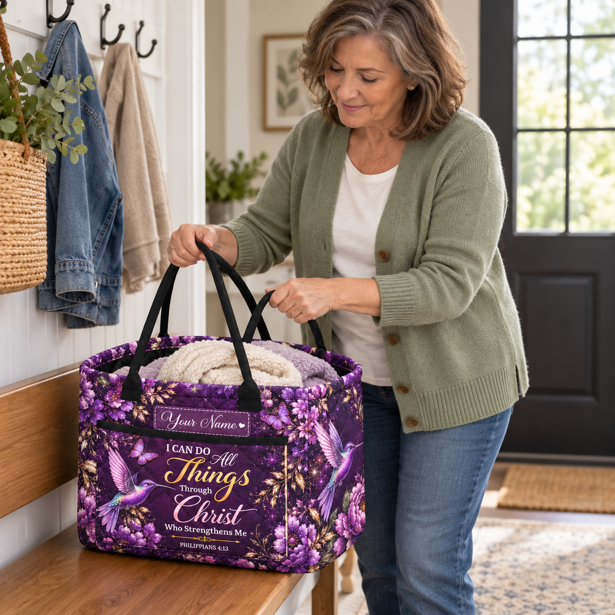 Personalized Purple Hummingbird Quilted Storage Basket