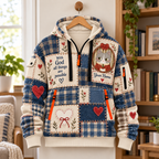 Personalized Gray Cat Plaid Half-Zip Hoodie