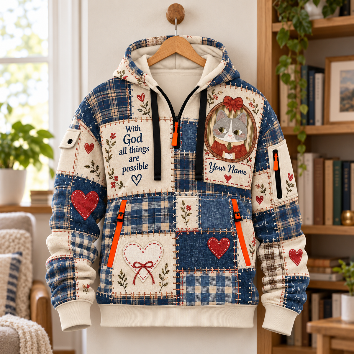Personalized Gray Cat Plaid Half-Zip Hoodie