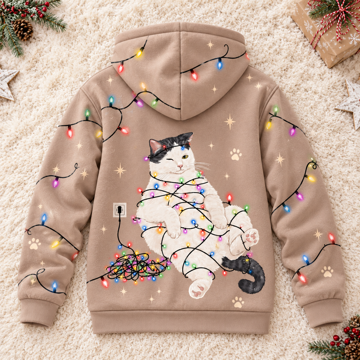White Cat Christmas Lights Personalized Fleece Jacket