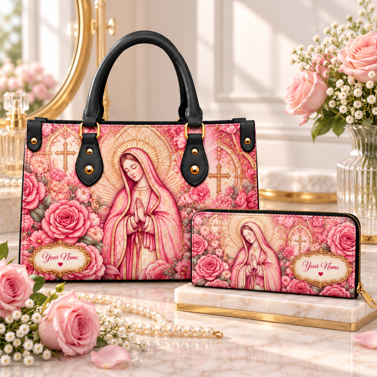 Personalized Pink Woman and Roses PU Leather Handbag & Leather Long Wallet