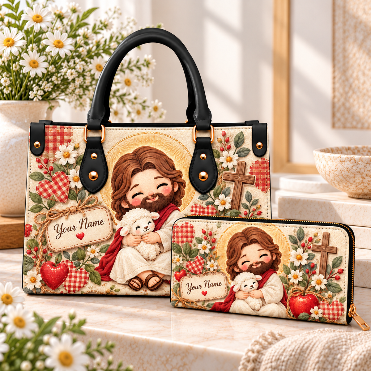 Personalized Smiling Shepherd Hugging Lamb PU Leather Handbag & Leather Long Wallet
