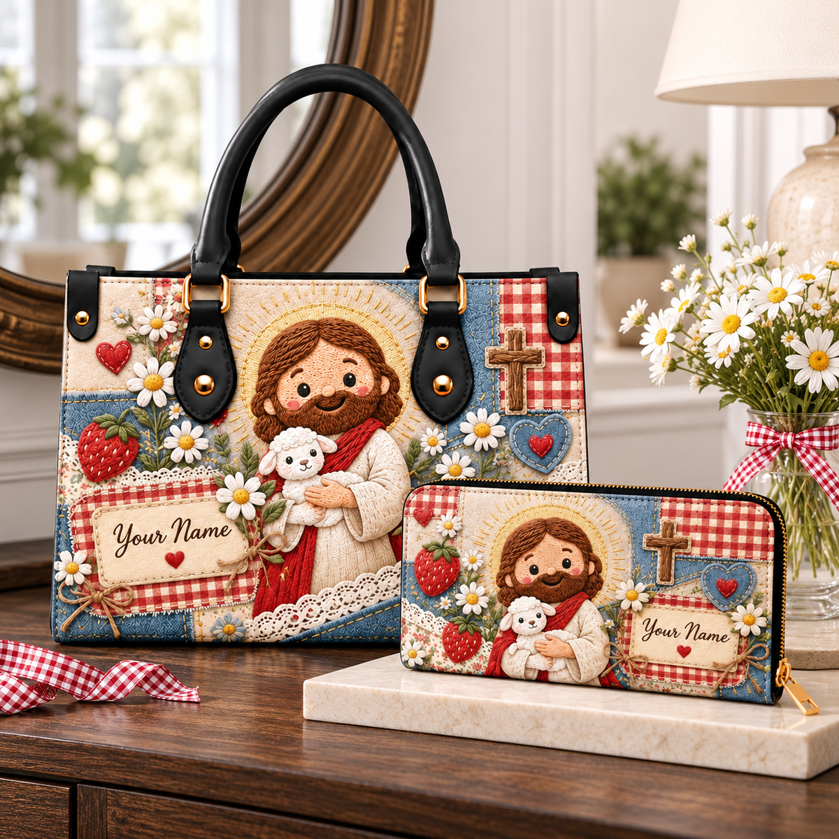 Personalized Cute Shepherd and Lamb PU Leather Handbag & Leather Long Wallet