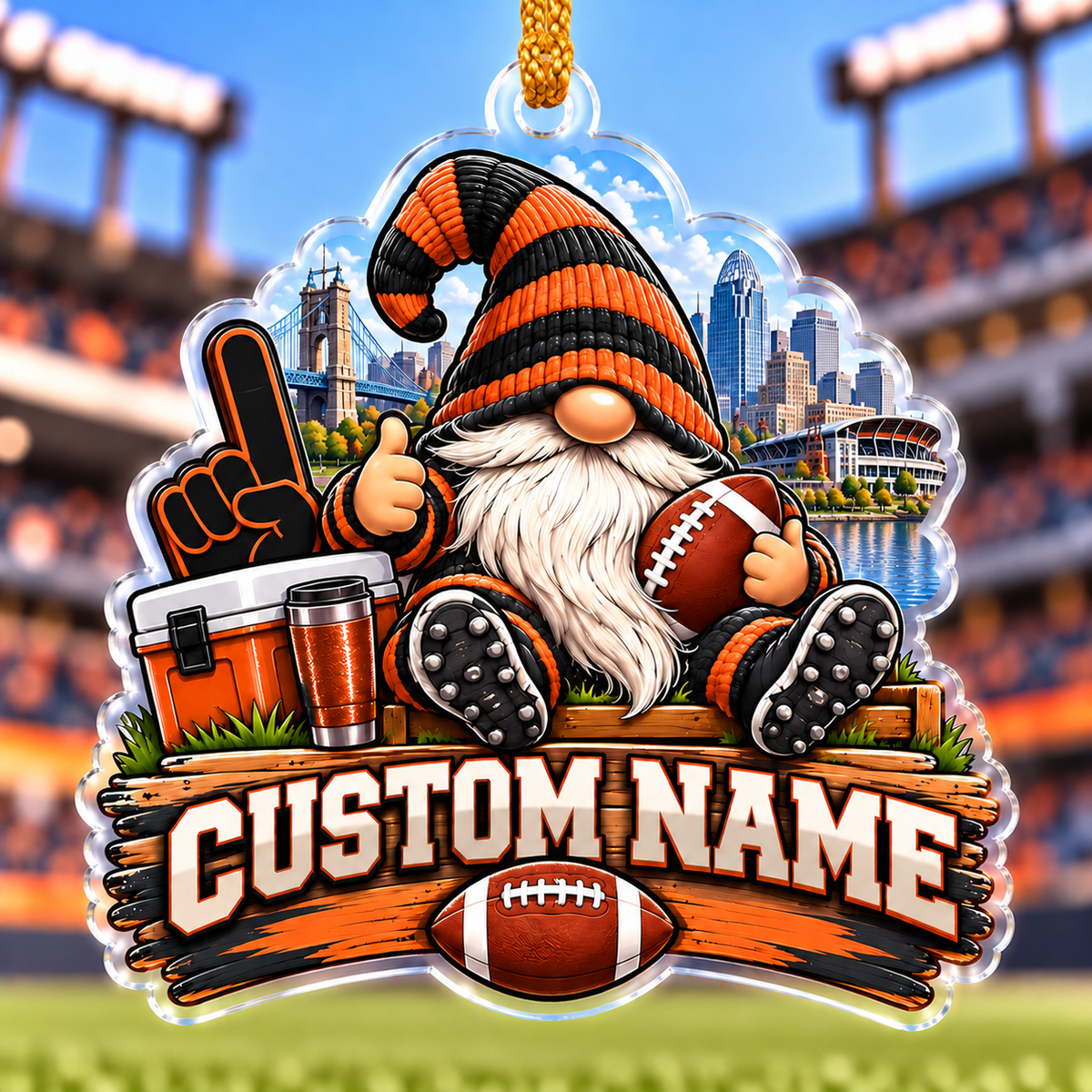 Personalized Orange and Black Football Gnome Ornament