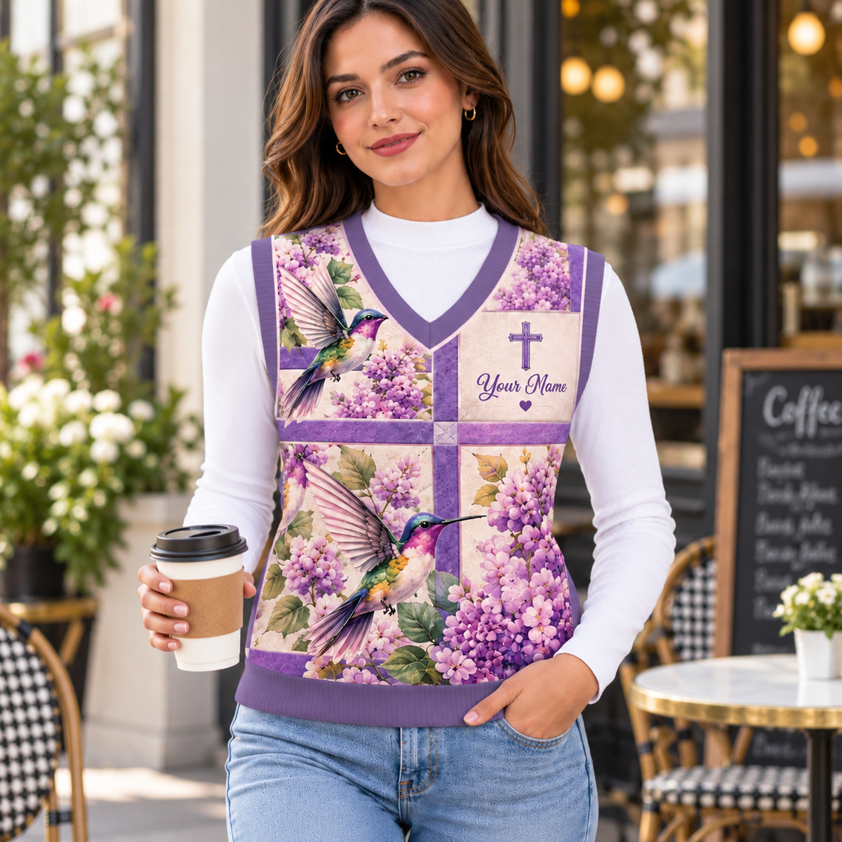 Personalized Lilac Hummingbird Knitted V-Neck Vest