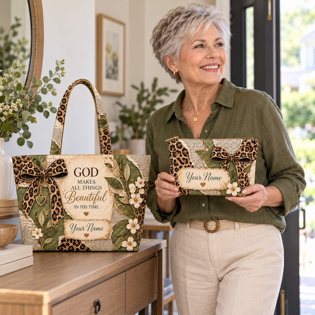 Personalized Olive Leopard Bow Quilted Shoulder Bag & Storage Bag
