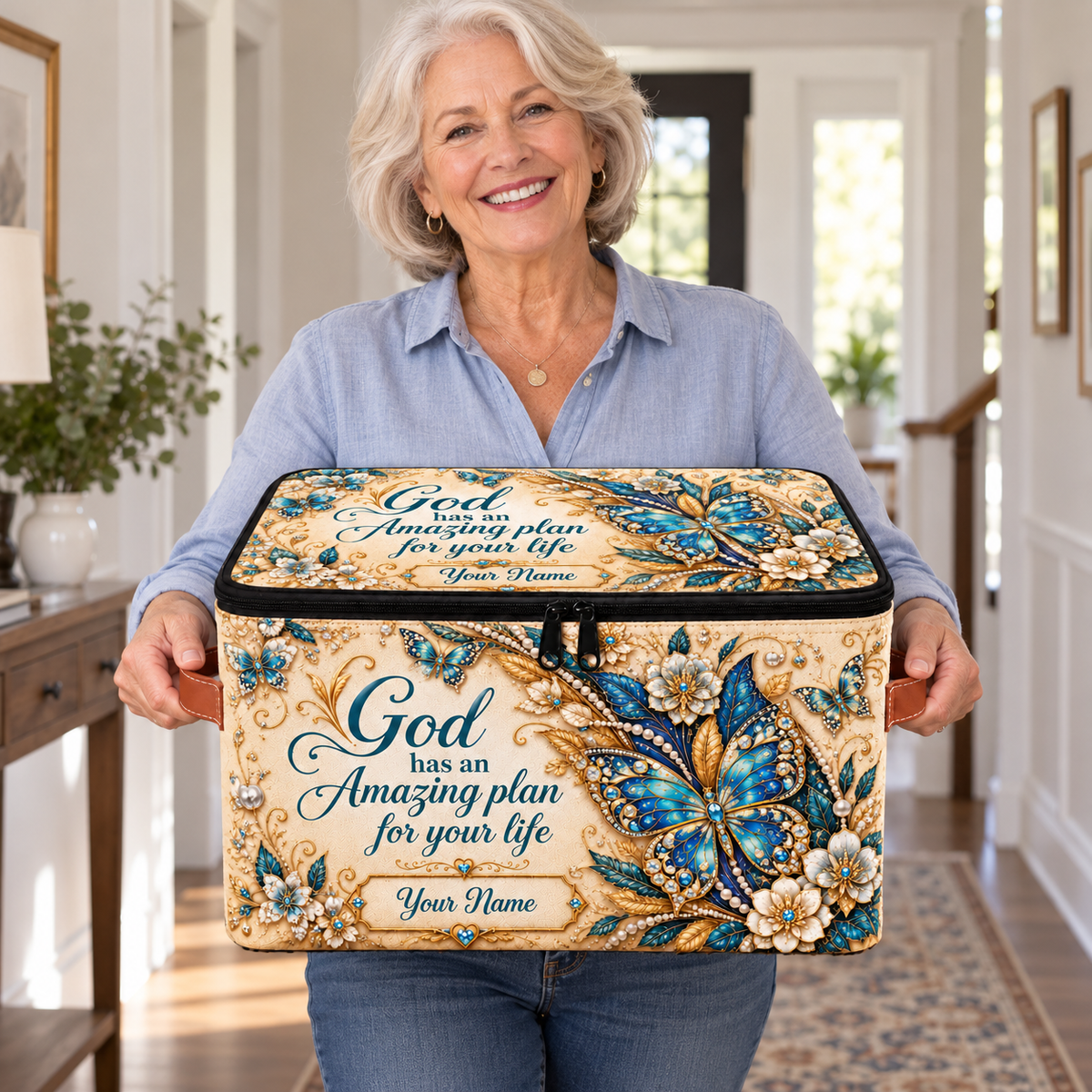 Personalized Teal Butterfly Square Storage Basket With Lid
