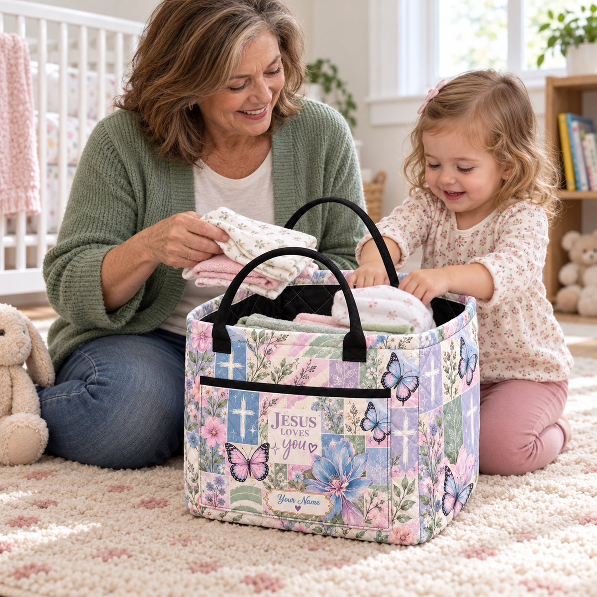 Personalized Pastel Butterfly Patchwork Quilted Storage Basket