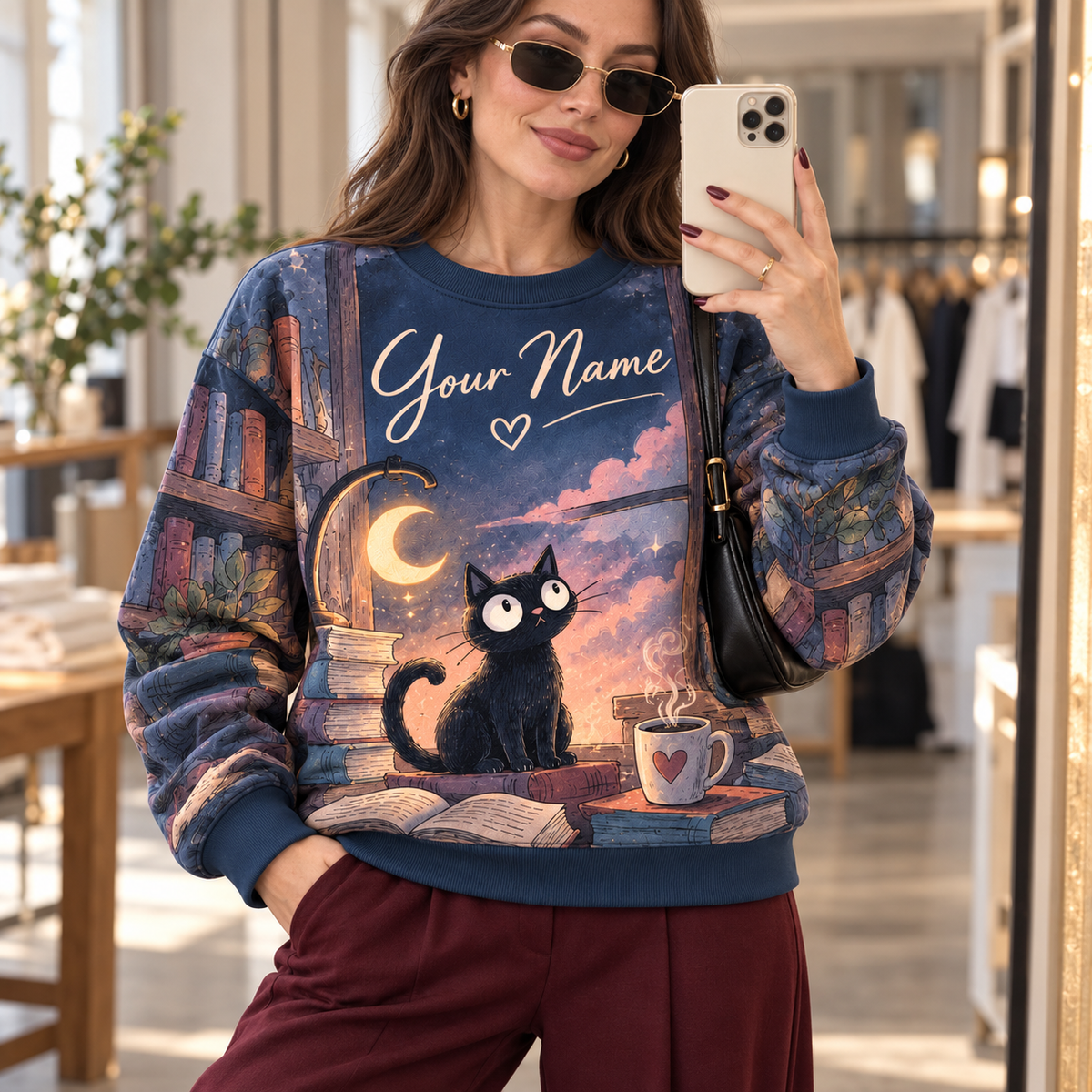 Personalized Moonlit Library Cat Sweatshirt