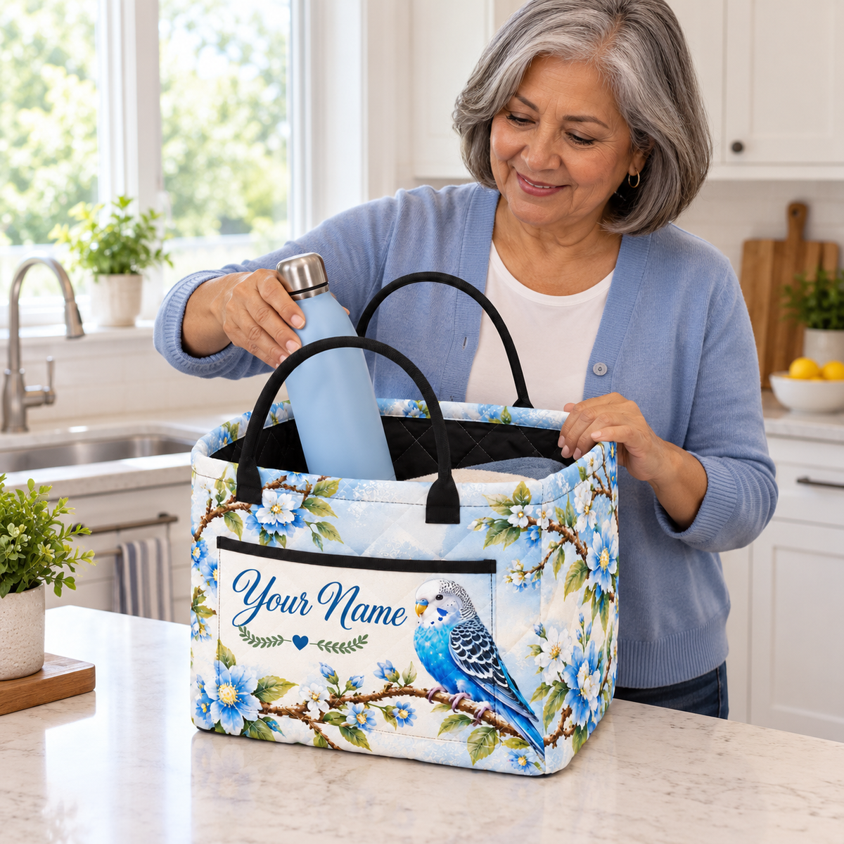 Personalized Blue Budgie Floral Quilted Storage Basket