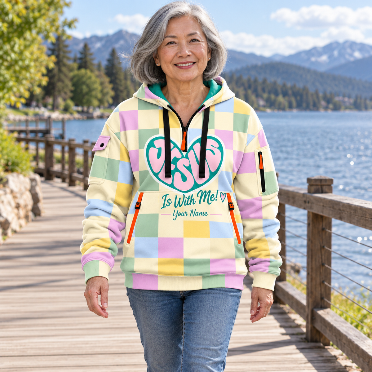 Personalized Pastel Checkerboard Heart Half-Zip Hoodie