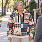 Personalized Gray Cat Plaid Half-Zip Hoodie