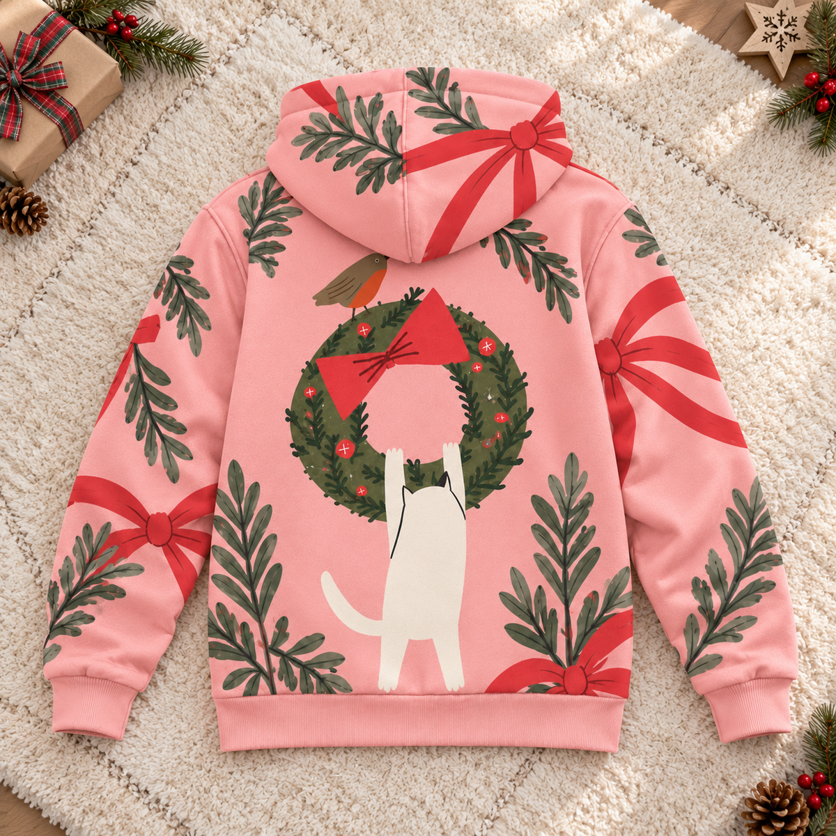 White Cat Christmas Wreath Personalized Fleece Jacket