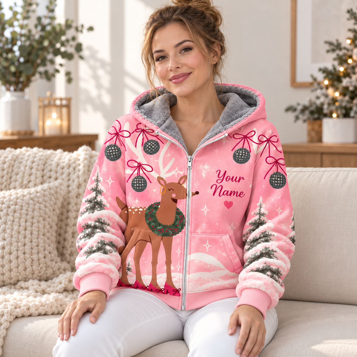 Reindeer Wreath Personalized Fleece Jacket