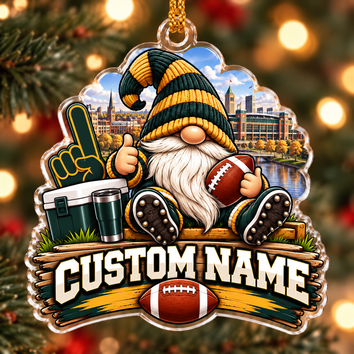 Personalized #1 Green and Gold Football Gnome Ornament