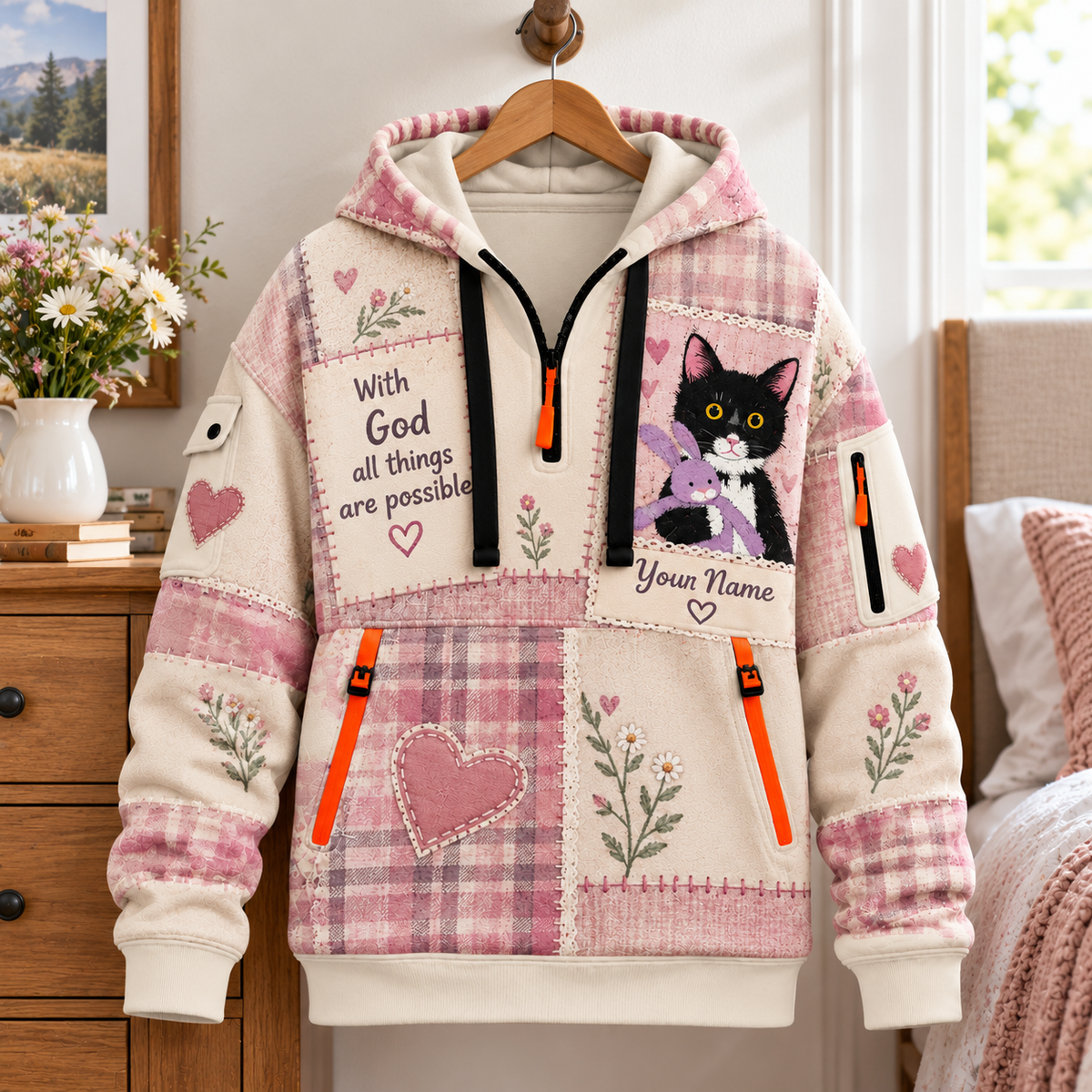 Personalized Cat and Bunny Half-Zip Hoodie