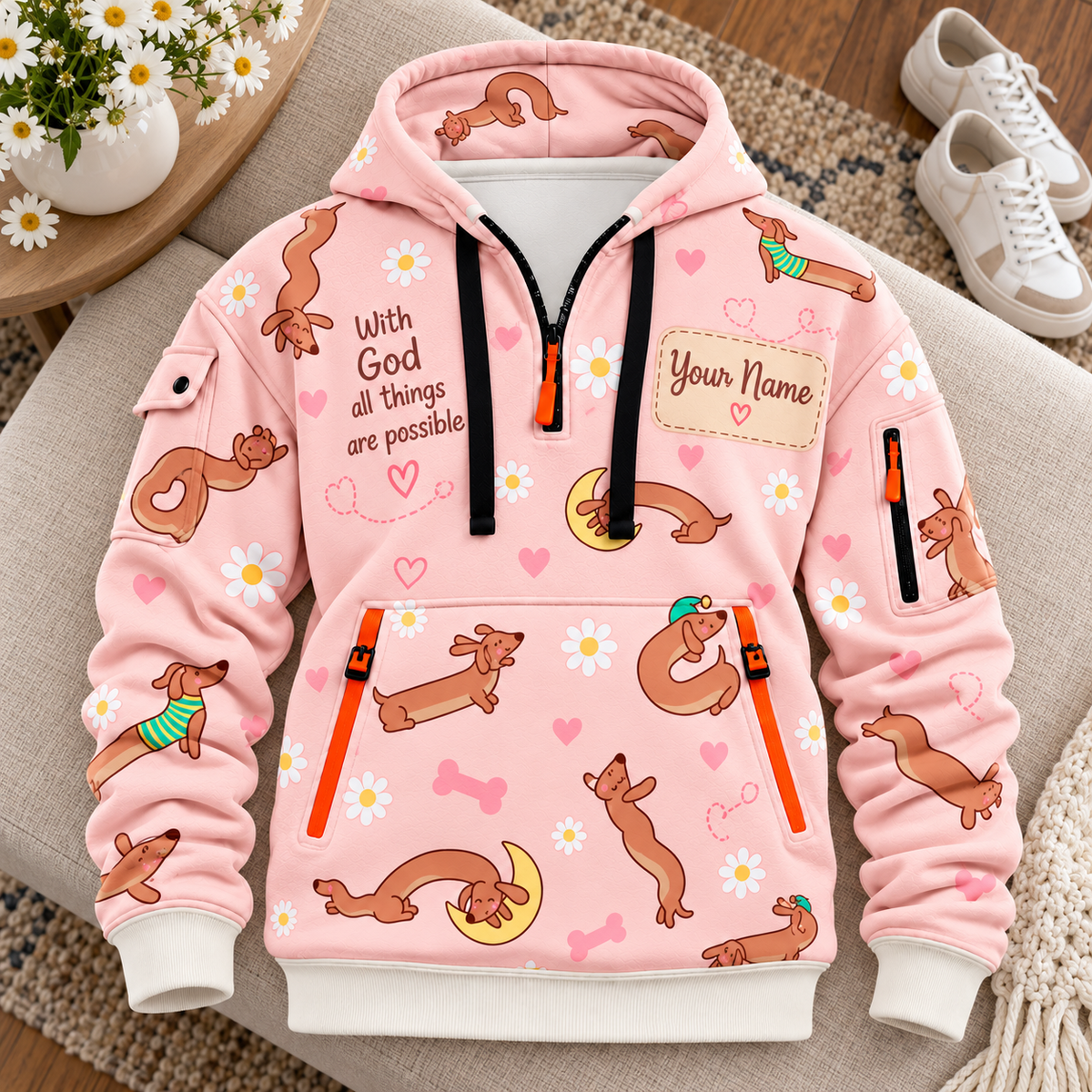 Personalized Pink Dachshund Half-Zip Hoodie