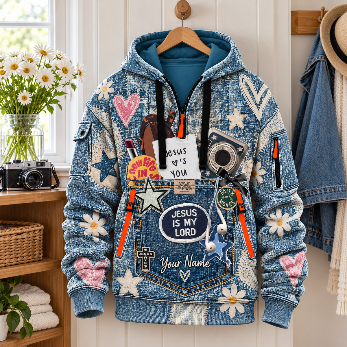 Personalized Denim Look Daisy Half-Zip Hoodie