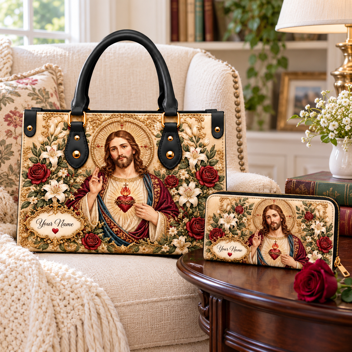 Personalized Vintage Portrait and Flowers PU Leather Handbag & Leather Long Wallet