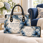 Personalized Blue Watercolor Floral PU Leather Handbag & Leather Long Wallet