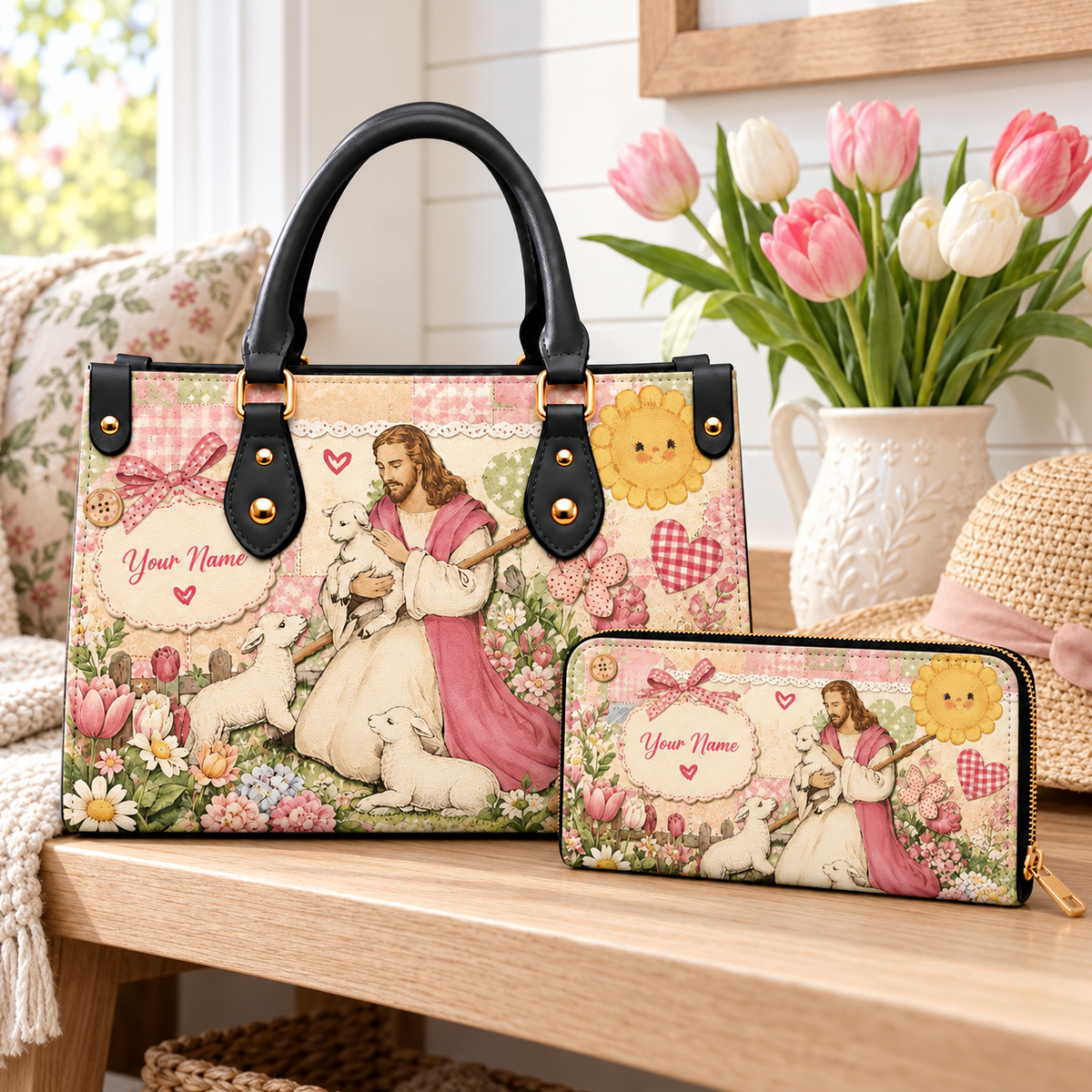 Personalized Pastel Shepherd and Lambs PU Leather Handbag & Leather Long Wallet