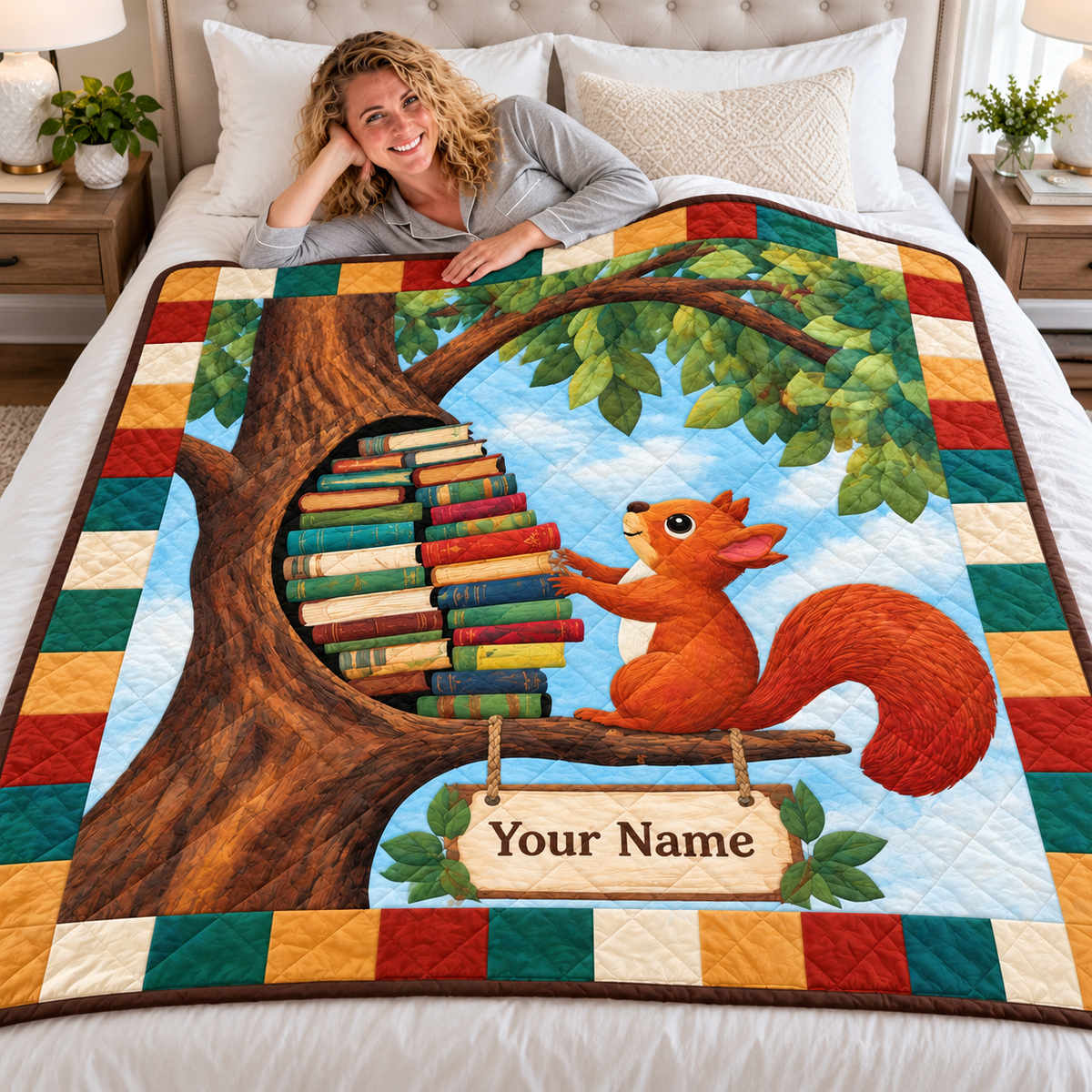 Personalized Squirrel Tree Library Quilt