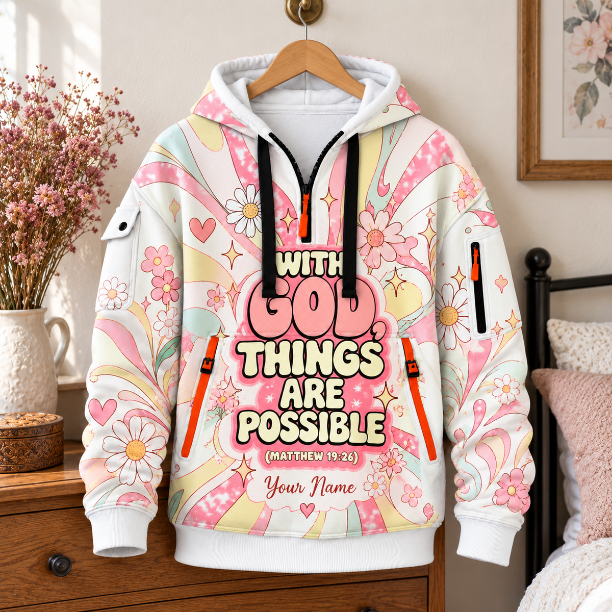 Personalized Pastel Daisy Half-Zip Hoodie