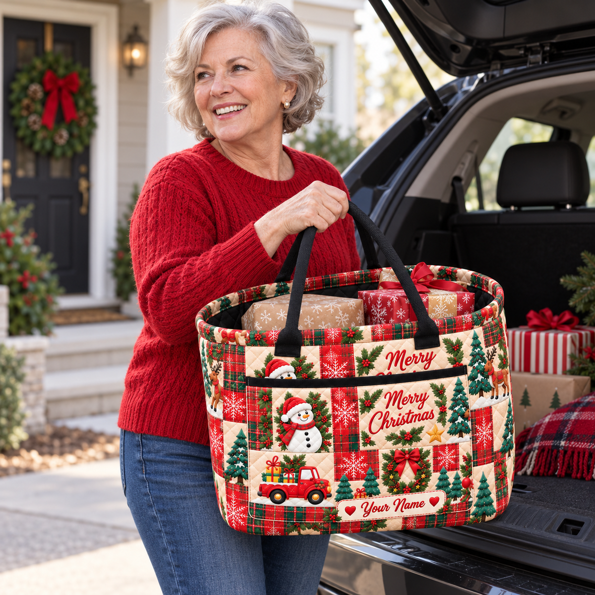 Personalized Festive Plaid Patchwork Quilted Storage Basket