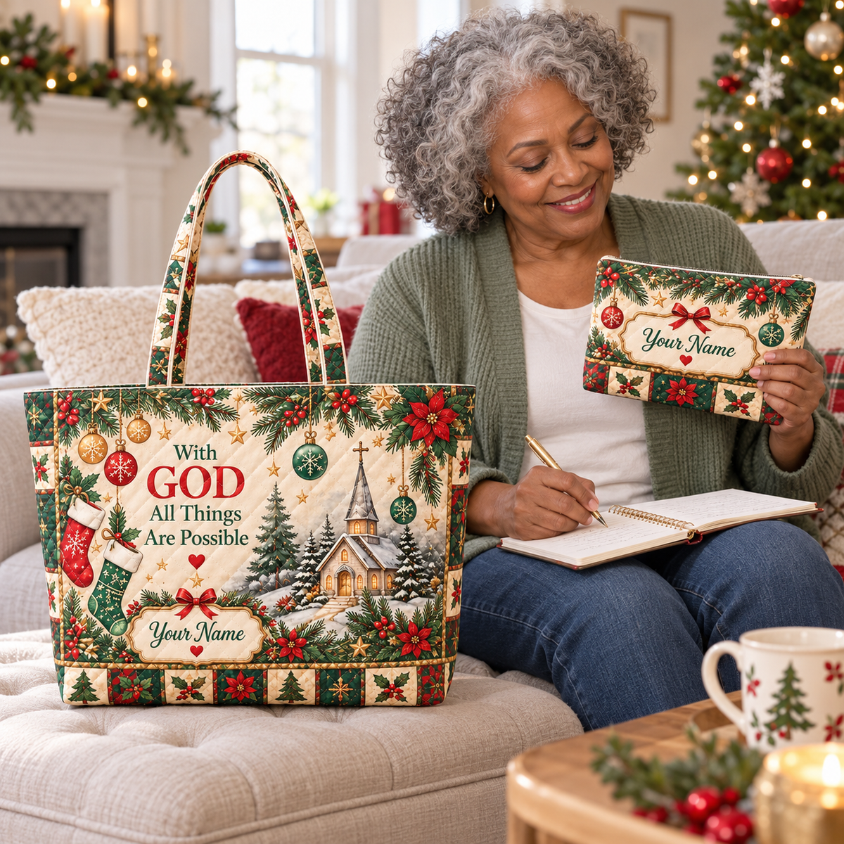 Personalized Winter Holiday Quilted Shoulder Bag & Storage Bag