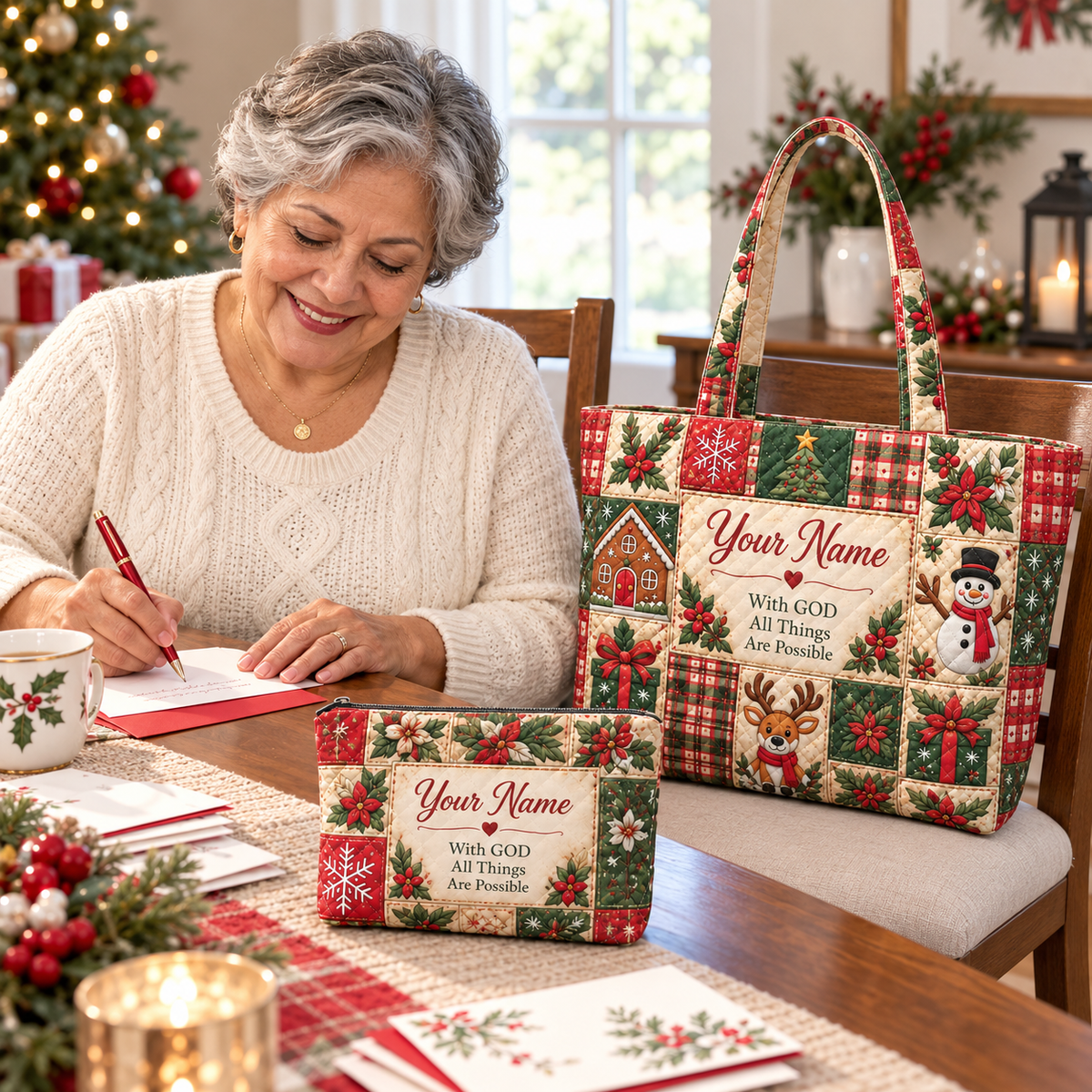Personalized Snowman & Reindeer Quilted Shoulder Bag & Storage Bag