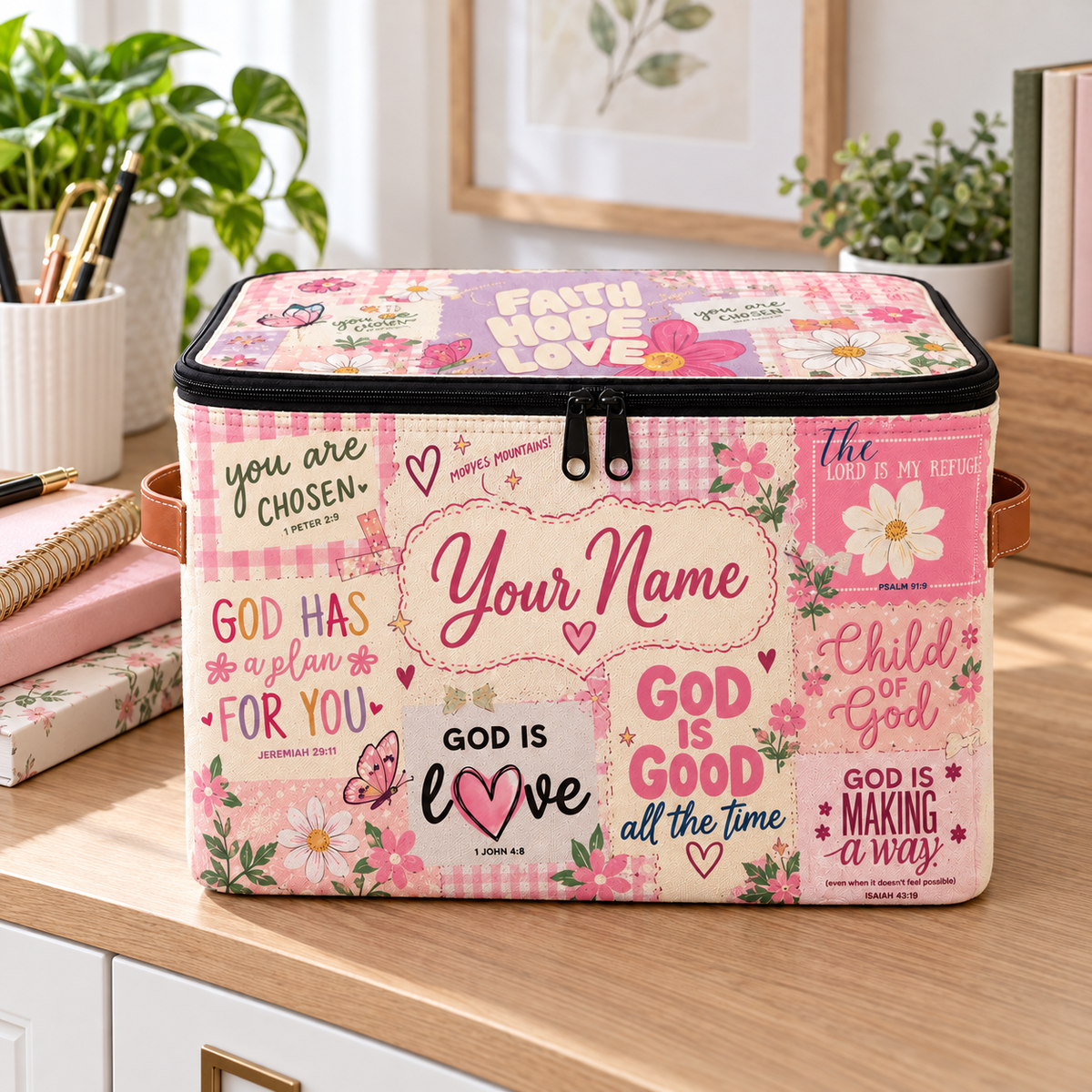 Personalized Pink Floral Square Storage Basket With Lid
