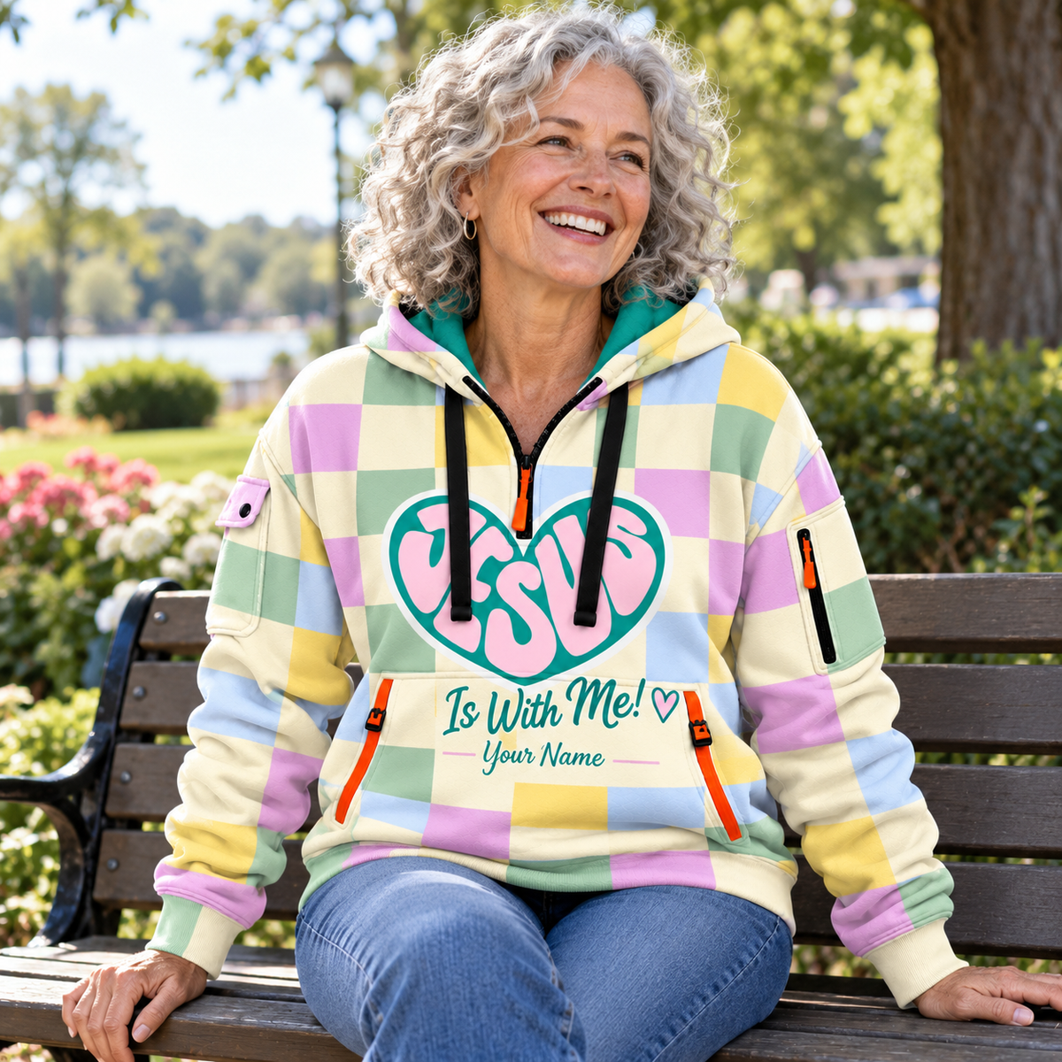 Personalized Pastel Checkerboard Heart Half-Zip Hoodie