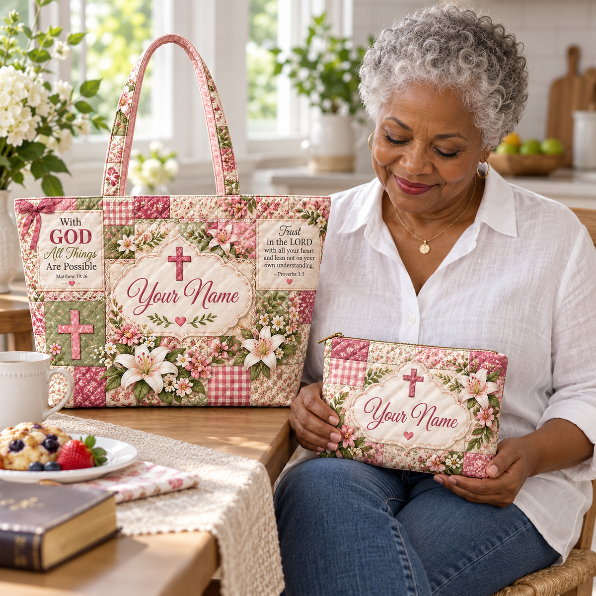 Personalized Pink Floral Patchwork Quilted Shoulder Bag & Storage Bag