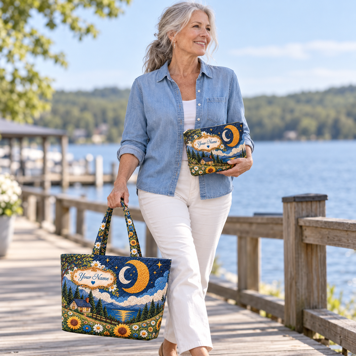 Personalized Moonlit Cottage Quilted Shoulder Bag & Storage Bag